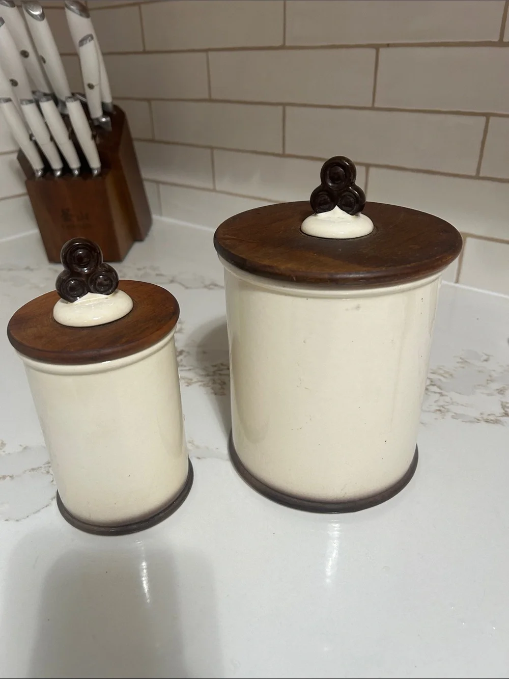 Vintage Metlox Poppytrail Cream Ceramic Tea & Sugar Canister Set with Brown Lids